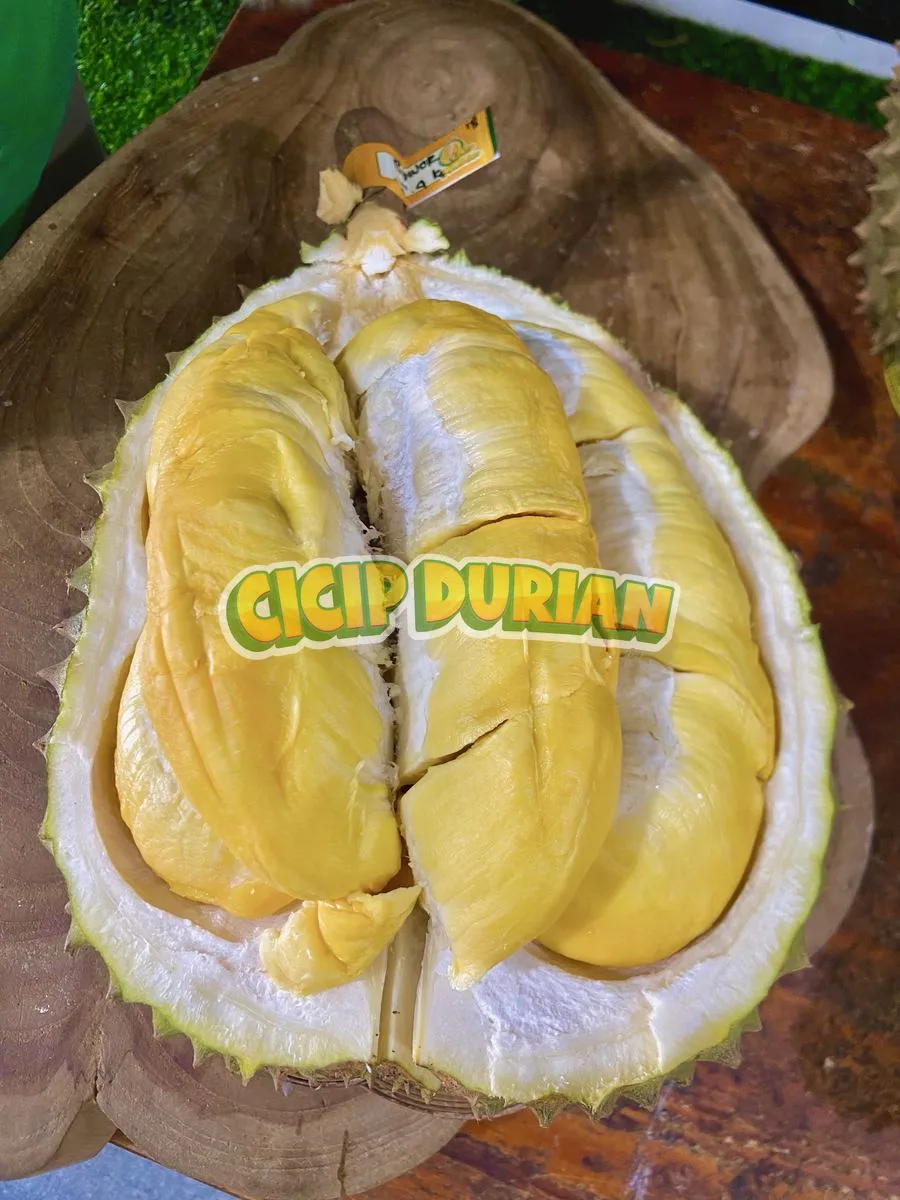 Durian Bawor dibelah menunjukkan tiga daging tebal berwarna kuning keemasan