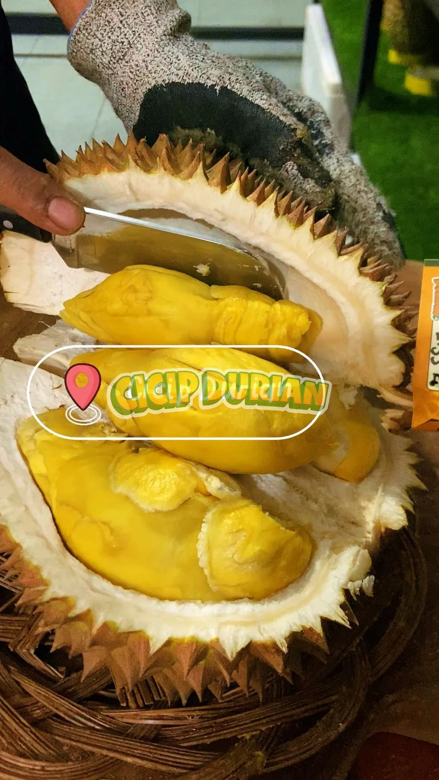 Proses membuka durian Simimang dengan pisau oleh tim Cicip Durian