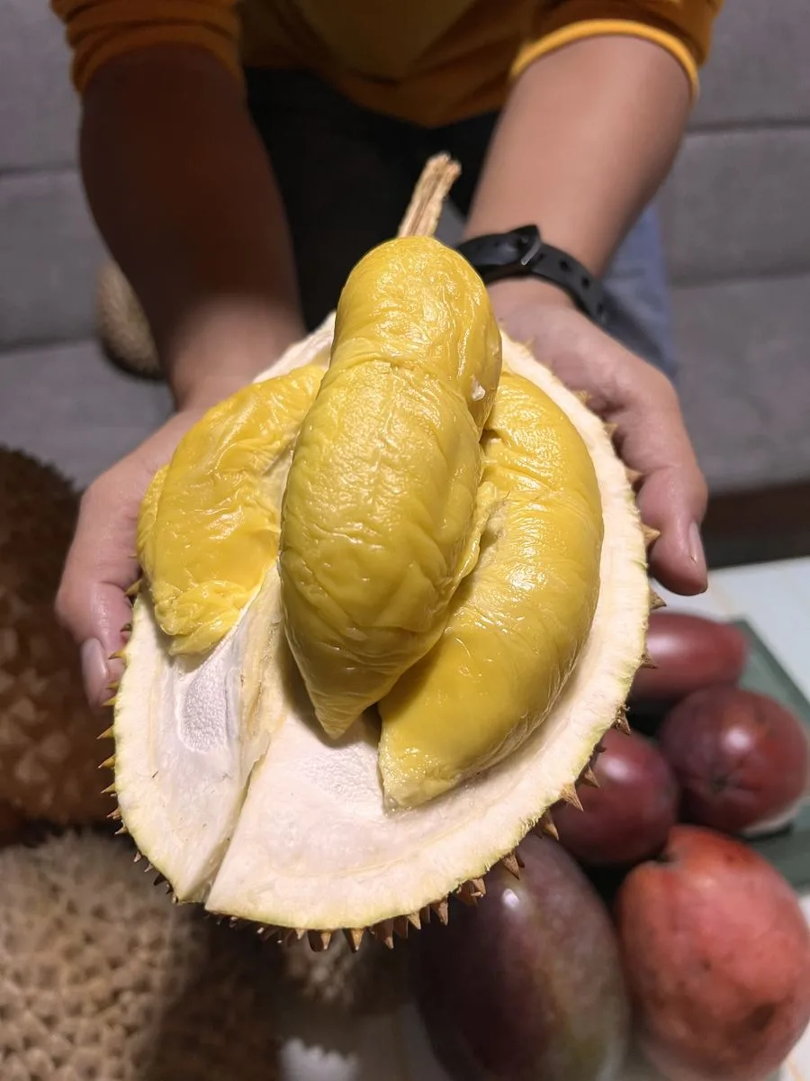 Durian Musang King disajikan dengan daging kuning tebal dan mengkilap