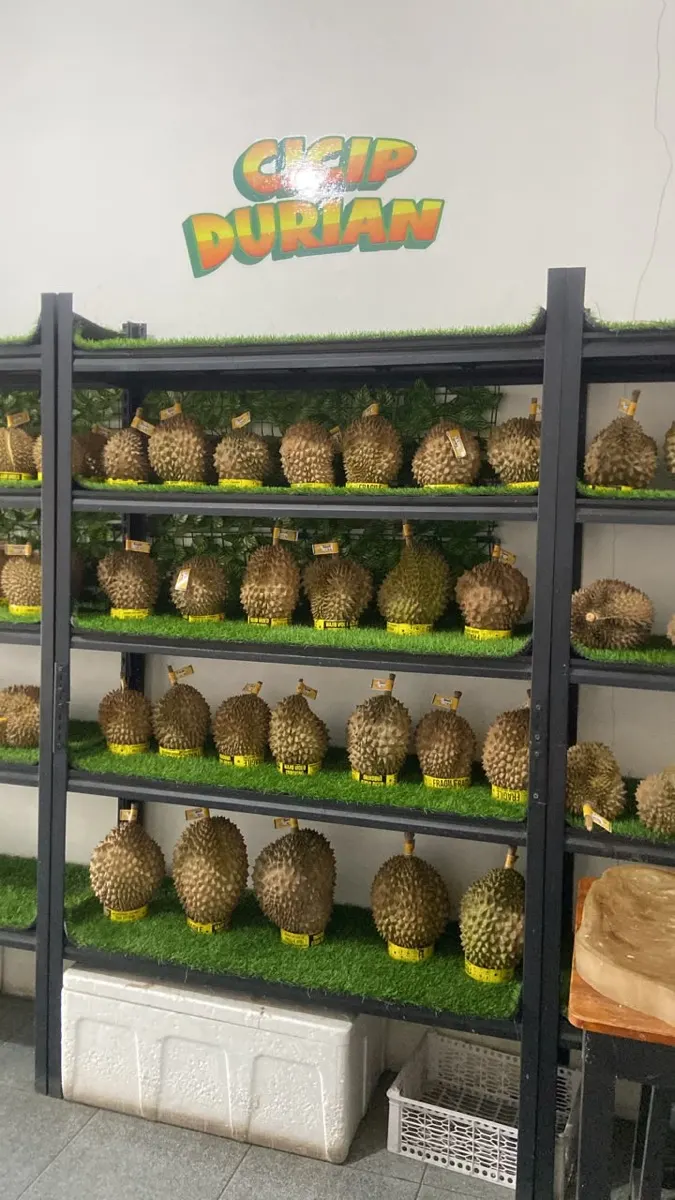 Rak display durian pilihan di toko Cicip Durian untuk pelanggan Cibubur